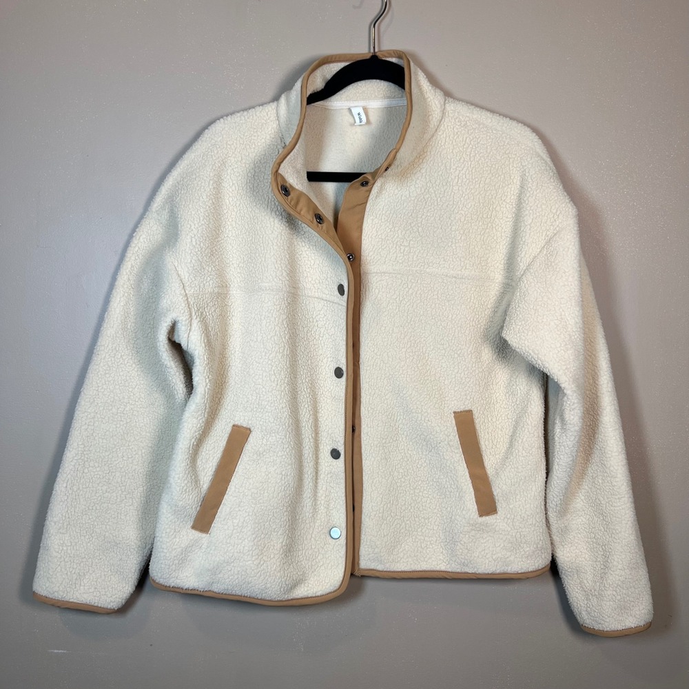 Wishlist Cream Sherpa Fleece Snap Front Jacket Tan Trim Mock Neck Medium